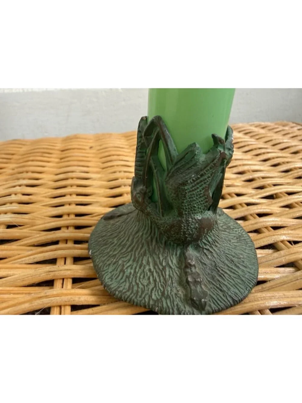 Antique 1910s Nouveau Green Opaline Glass Trumpet Bud Vase Metal Base